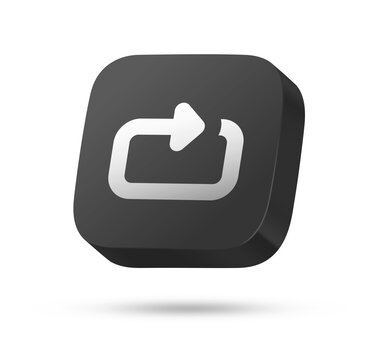 3D black rounded square button with white repeat loop arrow symbol for replay, refresh or media player concept
