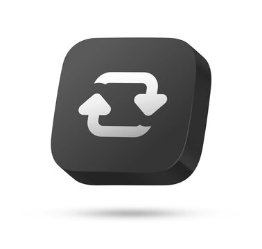 3D black rounded square button with white repeat loop arrows symbol for refresh, sync or media playback
