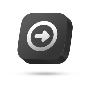 3D black rounded square button with white right arrow circle symbol for navigation, next or proceed concept isolated on white background
