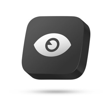 3D black rounded square icon button with white eye symbol for vision, view, see, look, security, privacy or surveillance concept isolated on white background