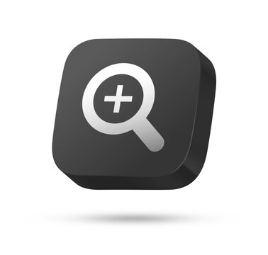 3D black rounded square icon button with white zoom in magnifying glass symbol for search expansion, scale up, inspect and user interface concept isolated on white background