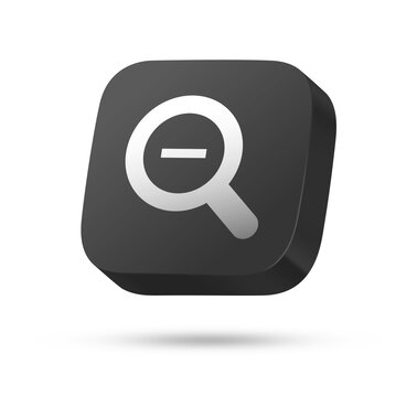 3D black rounded square icon button with white zoom out magnifying glass symbol for search reduction, scale down, inspect and user interface concept isolated on white background
