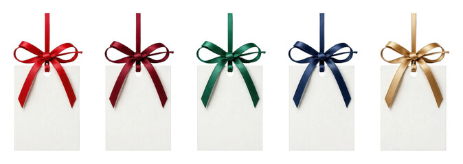 Obraz premium PNG Five elegant gift tags with colorful satin ribbon bows