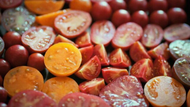 Smooth camera movement over sliced yellow and red tomatoes. Glistening juice and seeds highlight natural freshness and variety. Concept of seasonal autumn tomato harvest