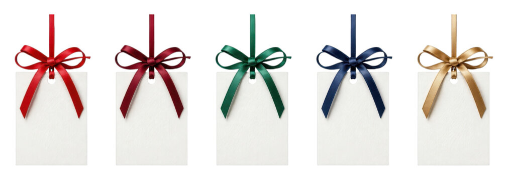 PNG Five elegant gift tags with colorful satin ribbon bows