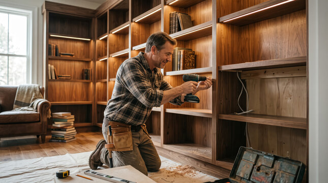 Handyman installing wooden bookshelf unit with cordless power drill