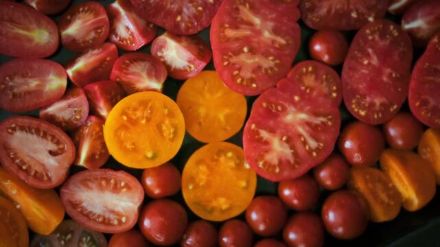 Top view of multicolored tomato slices with visible seeds and glistening juice in various red and yellow shades. Theme of rich autumn harvest and seasonal variety of fresh tomatoes