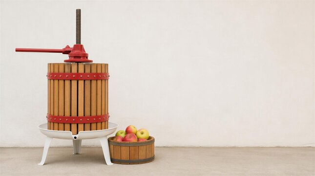 Apple cider press with fresh apples in a wooden basket  