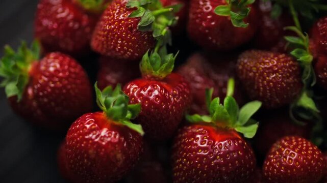 Top-down view of fresh red strawberries with green leaves spread on a wooden table, the fruit's surface texture and berry structure are clearly visible, emphasizing a simple food-display setting
