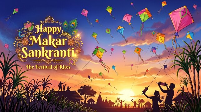 Happy Makar Sankranti Kites Festival Sunrise Background India Uttarayan Celebration Wishes Greetings Image