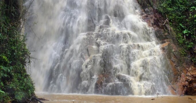 Waterfall on a dangerously flooded river in the Amazon. Rio Narupayacu at 1,200m elevation in the Amazonian foothills of the Andes in Napo province, Ecuador