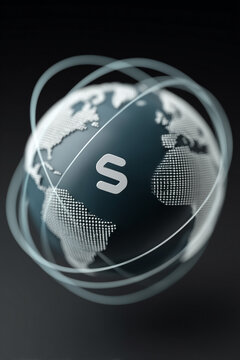 Futuristic digital globe with a glowing letter S inside rotating orbital rings over a dark minimalist backdrop.