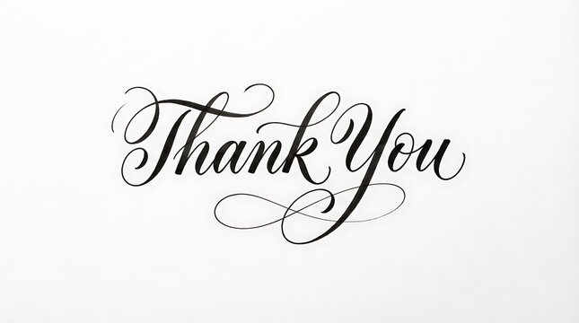 Elegant calligraphy text design that says thank you in black script on a plain white background
