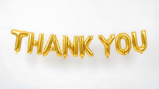 Shiny gold foil thank you balloons spelling letters isolated on a clean white background