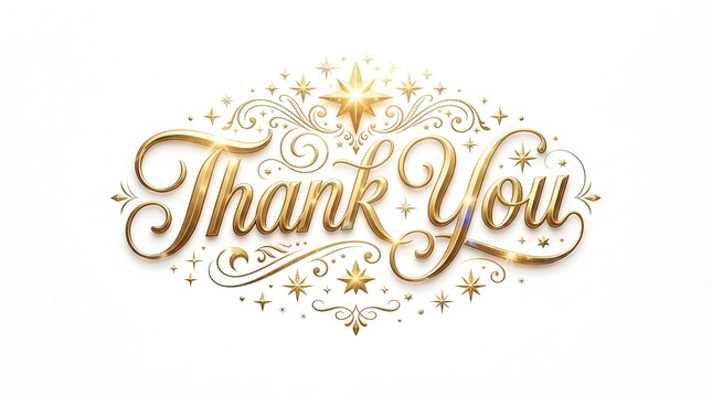 Elegant gold thank you lettering with ornate decorative swirl flourishes on a clean background