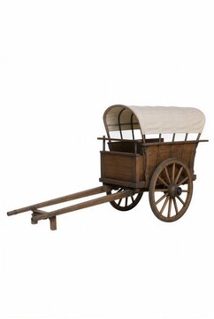 Wooden wagon with a canvas canopy on a white background  