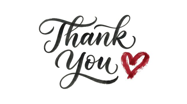 Thank you text with a red hand drawn heart symbol isolated on a clean white background