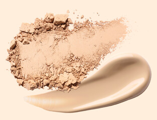 Liquid foundation and face powder on beige background, top view