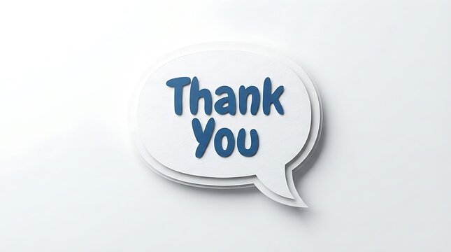 Blue thank you text inside a white speech bubble icon isolated on a plain white background