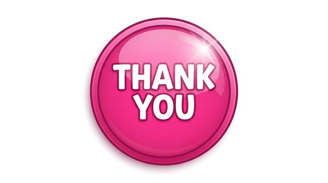 A shiny round pink button with the text thank you written in bold white letters for web use