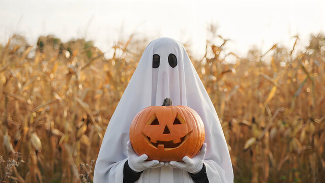 Person dressed as a ghost holding a carved jack o lantern in a cornfield with carved orange pumpkin person wearing white