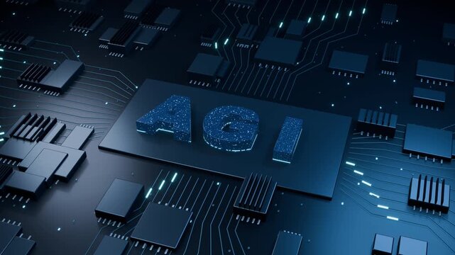 Artificial General Intelligence Processor on Glowing Circuit Board 3D Animation