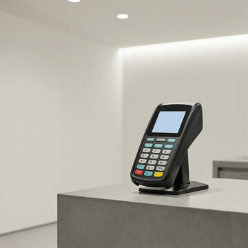 Black payment terminal on a grey counter in a minimalist white interior