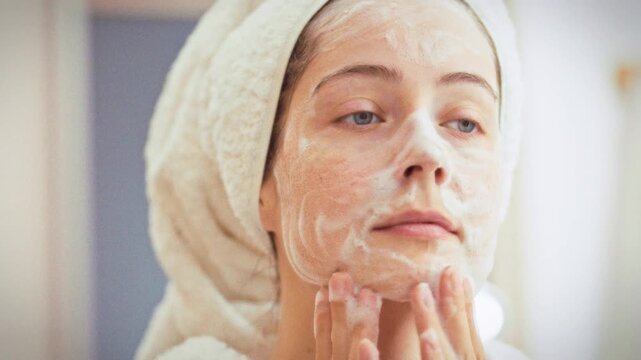 Young girl in robe, towel wrapped around her head, stands before the bathroom mirror and applies white cleansing foam to her face, daily cosmetic ritual that nurtures skin health and fresh lifestyle