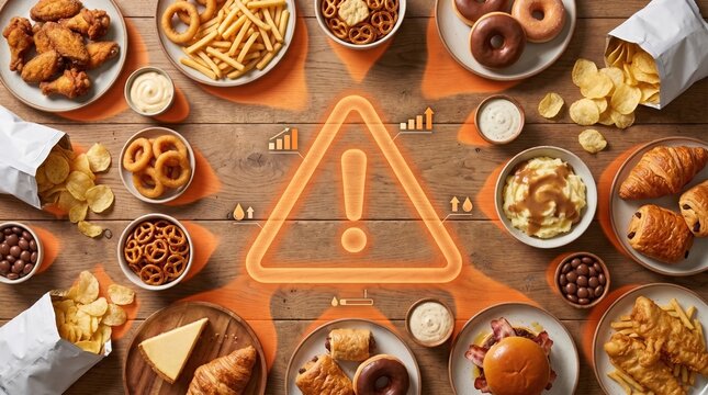 a table full of fast food and junk snacks with a digital warning sign.