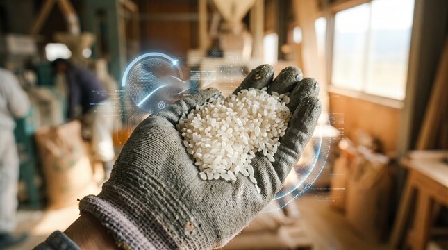 a hand wearing a work glove holding raw white rice grains