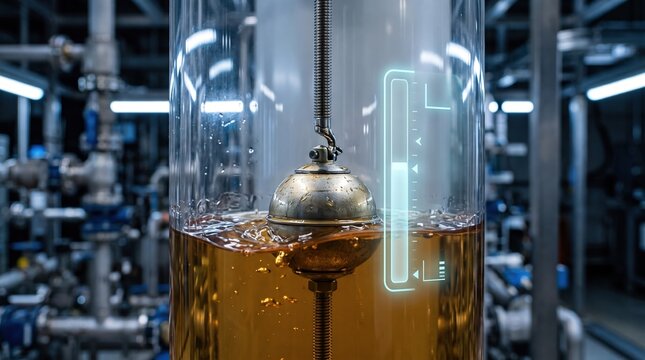 a float liquid level sensor inside a clear industrial tank with a digital measurement gauge
