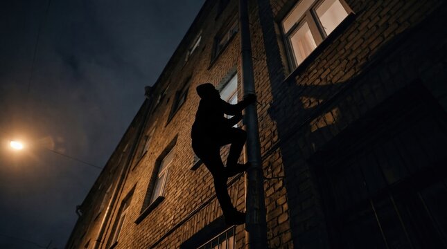 a burglar silhouette climbing up a drainpipe on a brick building facade at night.