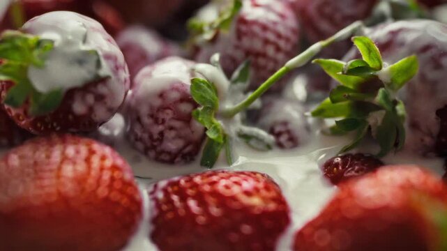 A background of strawberries drizzled with yogurt, shot macro, revealing the texture and seeds of the berries. An idea for a bright food light for culinary and dessert materials