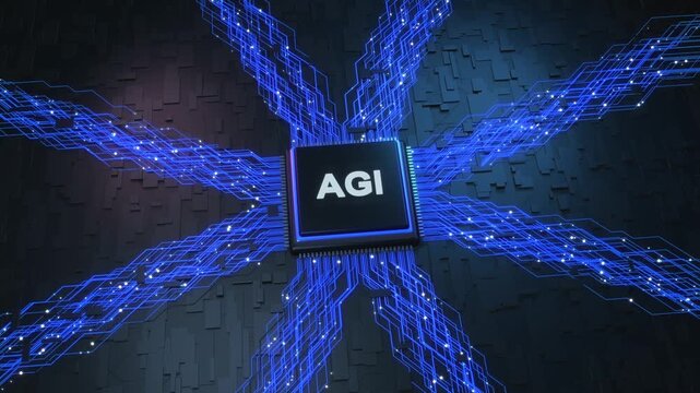 AGI Chip Receiving Neon Data Streams on Circuit Board 4K Animation