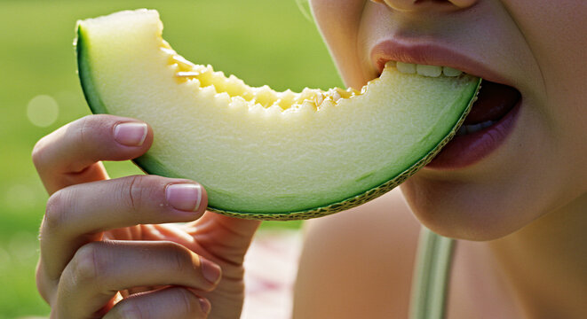Close-up of woman eating fresh juicy green melon slice outdoors in summer sunlight. Healthy diet, vegetarian lifestyle, sweet fruit snack, and refreshing natural nutrition concept on green background