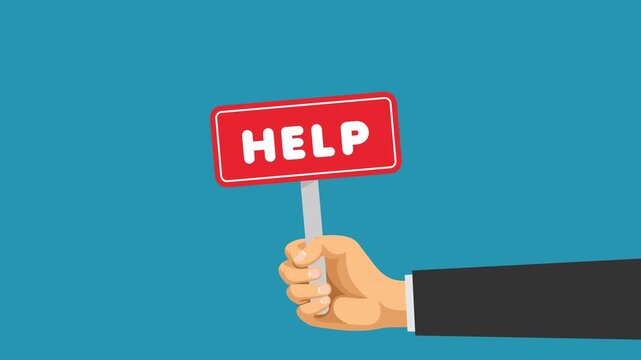 hand holding help sign board video animation concept