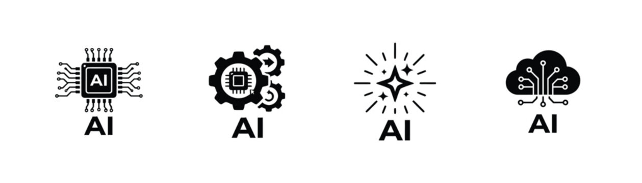 Artificial intelligence icon set in black with AI technology symbols, neural brains, robotics, automation, and digital innovation.