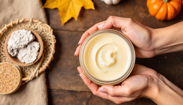 Hands holding body butter in rustic setting, autumn skincare concept