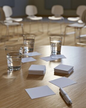 Office Table Setup with Blank Cards and Water Glasses for Peer Support Program