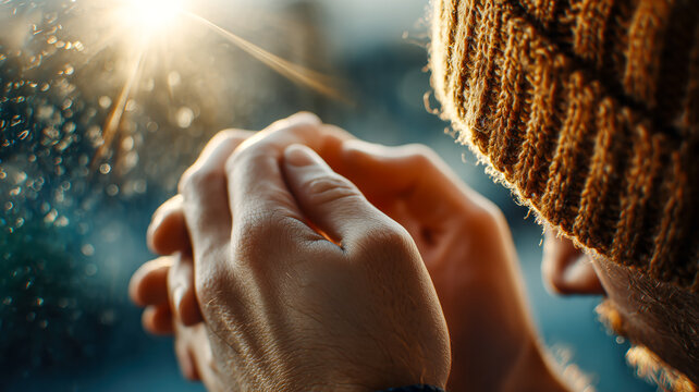 Hopeful hands cupped in sunlight, seeking warmth and solace