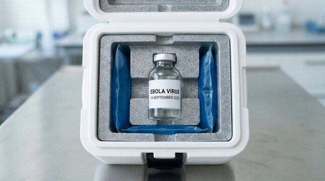 Ebola Vaccine Vial Stored in Insulated Container for Temperature Controlled Medical Transport - Vaccine Logistics Concept