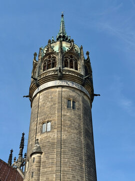 The tower of Castle Lutheran Church in Wittenberg, Germany
