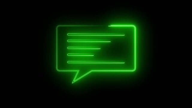 Glowing green Neon Speech Bubble Message Animation Loop, Futuristic Chat Box Icon Motion Graphics Overlay for App UI UX, Conversation, SMS, Online Support, Social Media, and Video Editing.