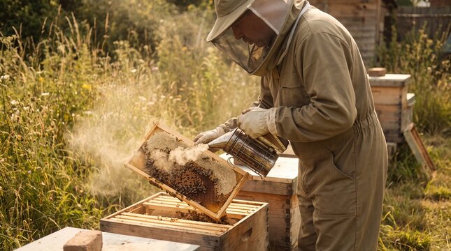 Beekeeper puffing smoke over a hive in a wildflower meadow
