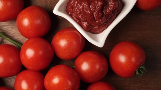 Fresh cherry tomatoes and paste on wooden table