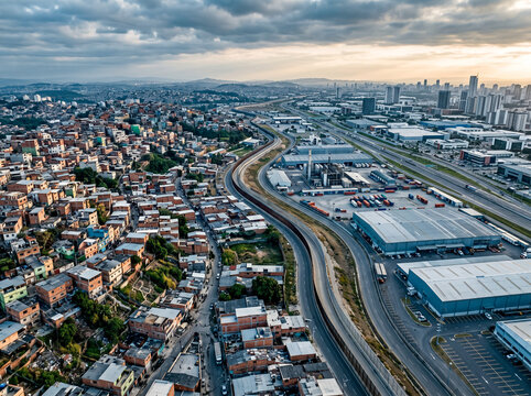 Aerial view of social inequality showing a favela slum contrasted with an industrial zone and highway in Brazil