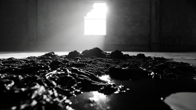 Low Angle Shot of Black Sludge Pile on a Gleaming Floor With a Bright Window in the Background in Black and White