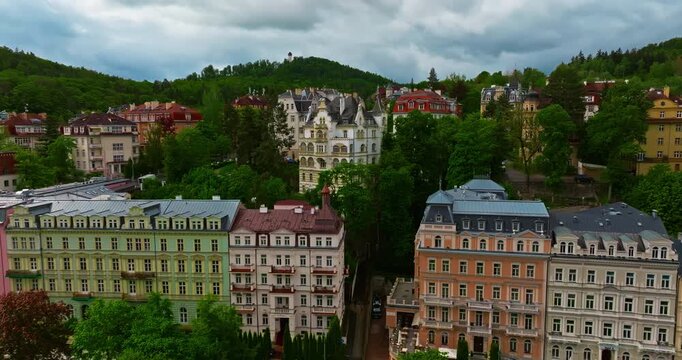 Aerial view of a beautiful forest city featuring incredibly fairytale, like architecture and thermal springs with healing water, Karlovy Vary, Czech Republic
