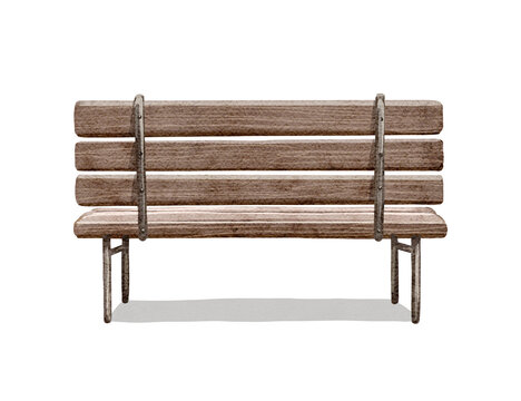 Watercolor vintage wooden bench at the back with backrest and shade isolated on white background. Hand drawn illustration sketch