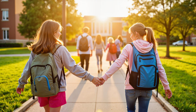 Students holding hands on school path, first day of school excitement